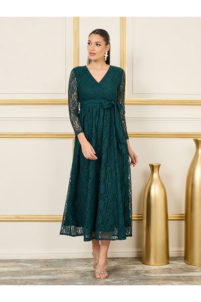 Styli All Over Lace Self Tie Up Wrap Midi Dress
