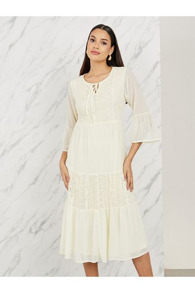 Styli Lace Detail Tie Up Neck Tiered Midi Dress