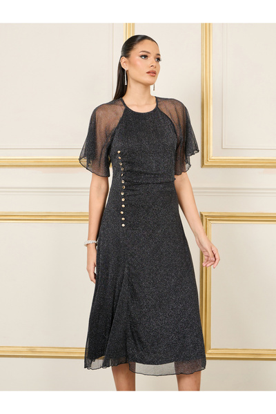Styli Button Detail Glitter Mesh Sleeves A-Line Midi Dress