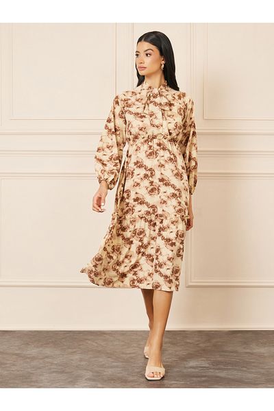 Styli Floral Print Tie Up Neck A-Line Midi Dress