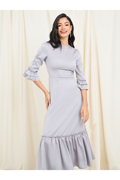 Styli Satin Frill Detail A-line Midi Dress