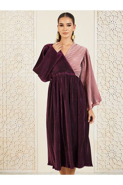 Styli Plisse Colorblock A-Line Midi Dress