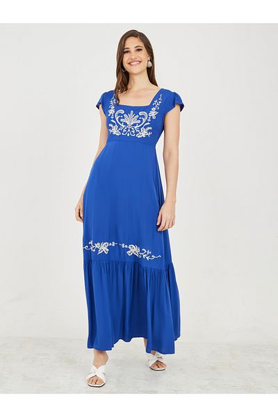 Styli Embroidered Cap Sleeve Square Neck A-Line Maxid Dress