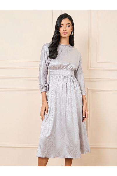 Styli Jacquard Print Tie Up Sleeves A-Line Midi Dress