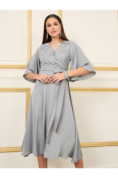 Styli Lace Detail Flared Sleeves Wrap Midi Dress