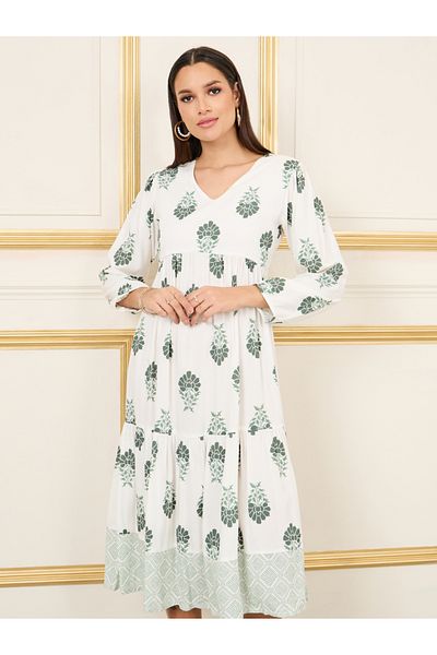 Styli Damask Print Tiered Shift Midi Dress