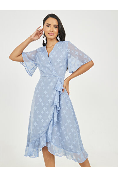 Styli Burnout Texture Ruffle Detail A-Line Wrap Midi Dress