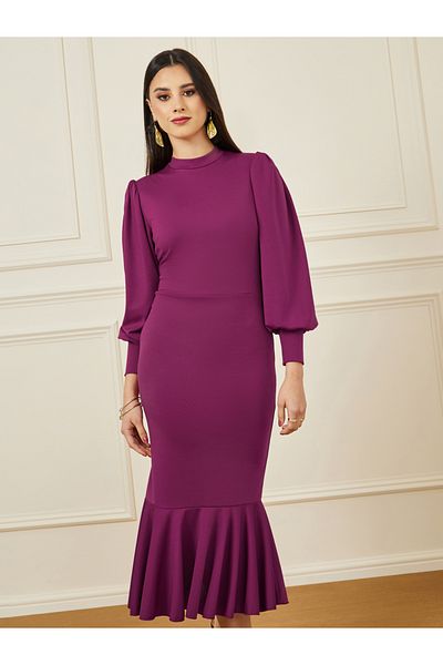 Styli High Neck Sheath Midi Dress with Frill Hem