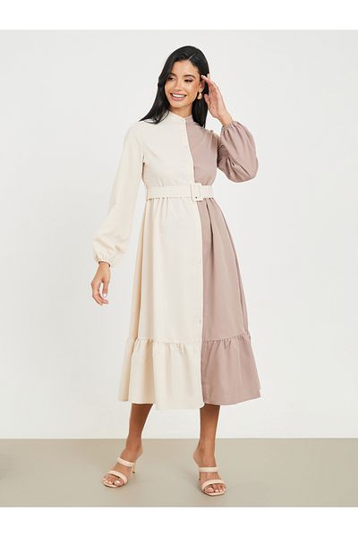 Styli Colorblock Belted A-Line Shirt Midi Dress