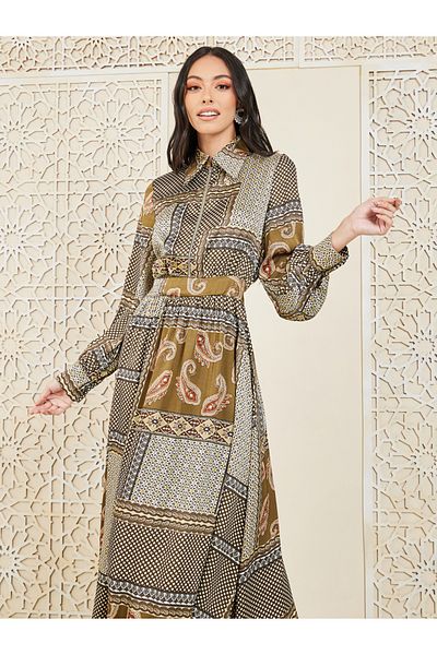 Styli Scarf AOP Collared A-Line Maxi Dress