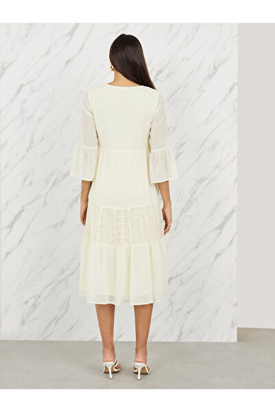 Styli Lace Detail Tie Up Neck Tiered Midi Dress