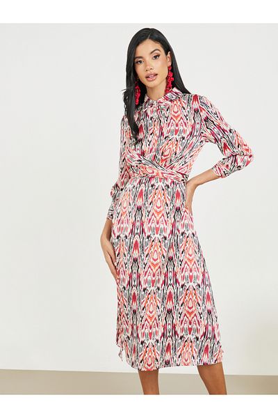 Styli Ikat Print Collared Tie Up Detail A-Line Midi Dress