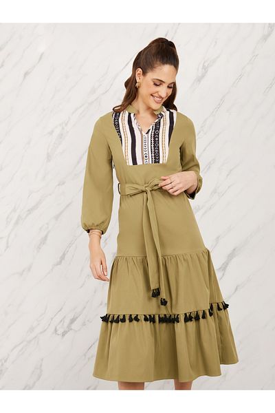 Styli Bohemian Print Tassel Detail Tiered Midi Dress with Self Tie Up