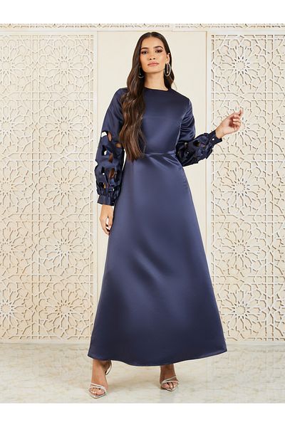 Styli Satin Cut Out Detail Long Sleeves A-line Maxi Dress