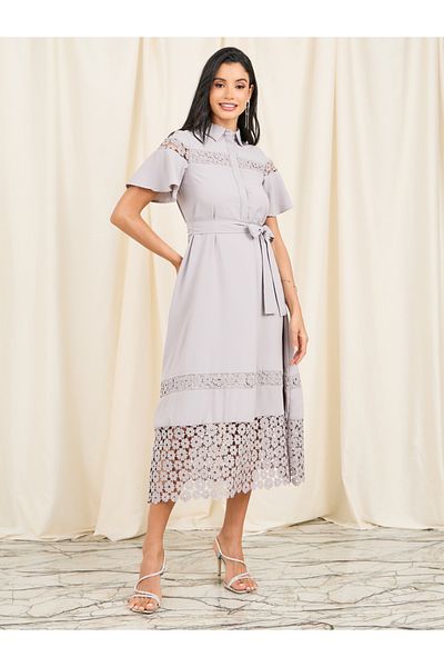 Styli Lace Detail Concealed Placket Collared Midi Dress with Self Tie Up