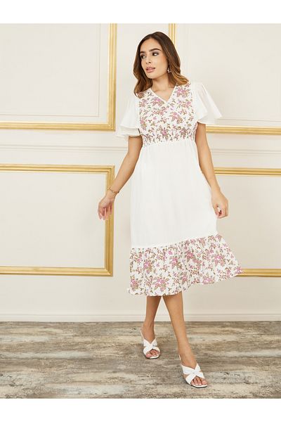 Styli Floral Print Lace Detail A-Line Midi Dress