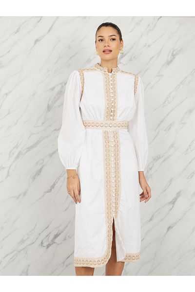 Styli Embroidered Lace Button Loop Closure Midi Dress