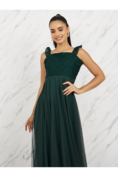 Styli Schiffli Ruffle Strappy Mesh A-Line Maxi Dress