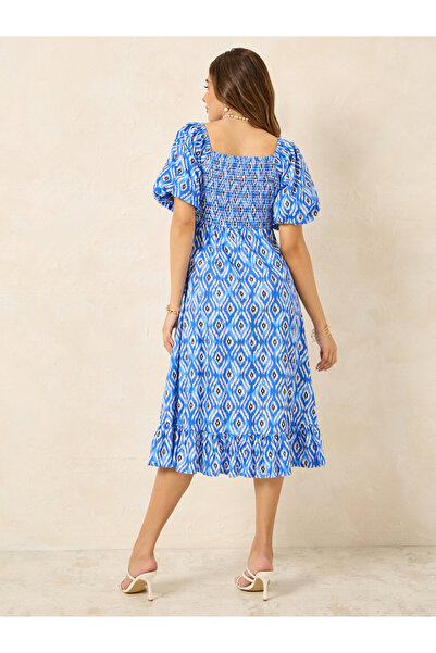 Styli Ikat Print Square Neck A-Line Midi Dress