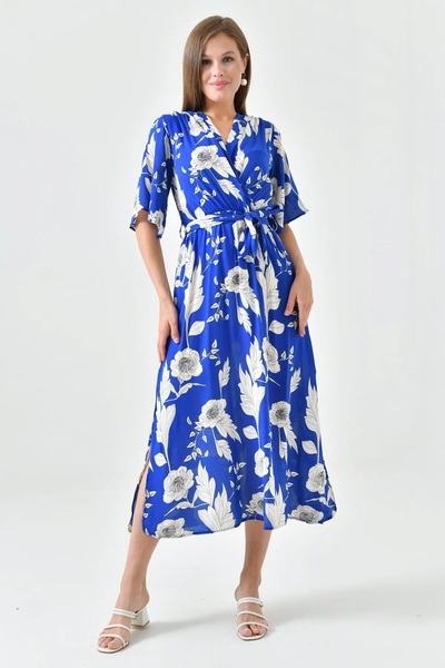 WOMAN VISION Сукня з синім поясом і квітковим принтом - рукава-крильця, круго...