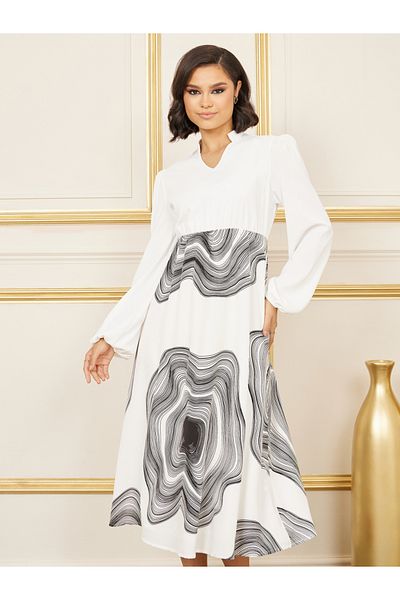 Styli Abstract Ring Print Notch Neck A-Line Midi Dress