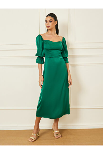 Styli الصلبة الحبيب الرقبة ألف خط فستان ميدي