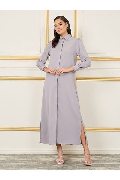 Styli Solid Concealed Placket Shirt Maxi Dress