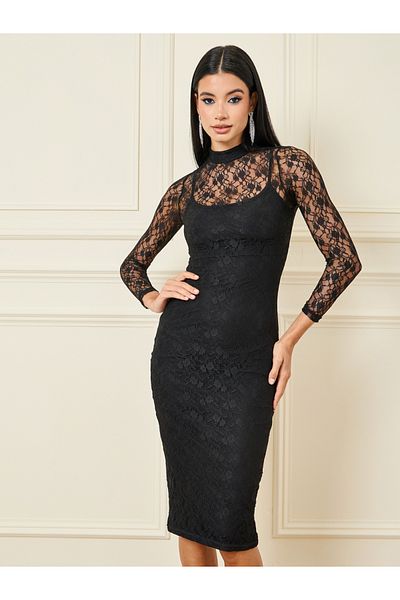 Styli All Over Lace High Neck Bodycon Midi Dress