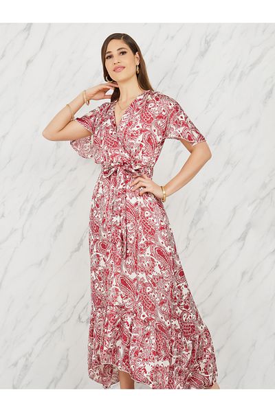 Styli Paisley Print Asymmetric Hem A-Line Midi Dress with Self Tie Up