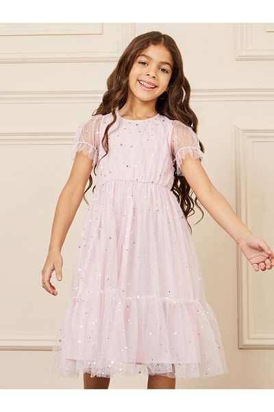 Styli Foil Print Mesh Layer Tiered Midi Dress