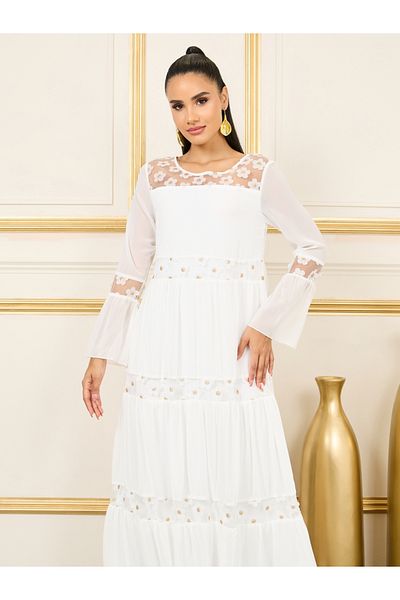 Styli Floral Print Mesh Panel Tiered Maxi Dress