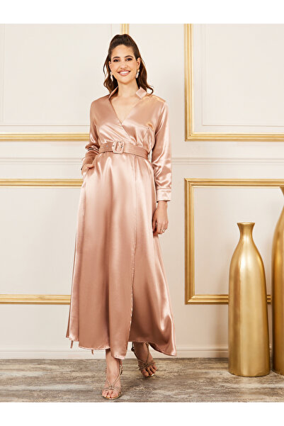 Styli Satin Notch Neck Belted A-Line Maxi Dress