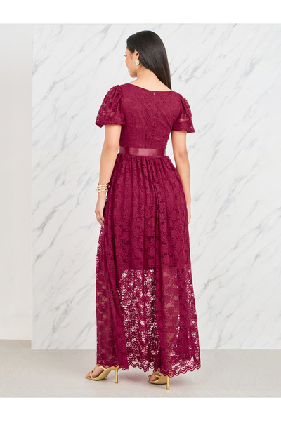 Styli Lace Detail Belted A-Line Maxi Dress