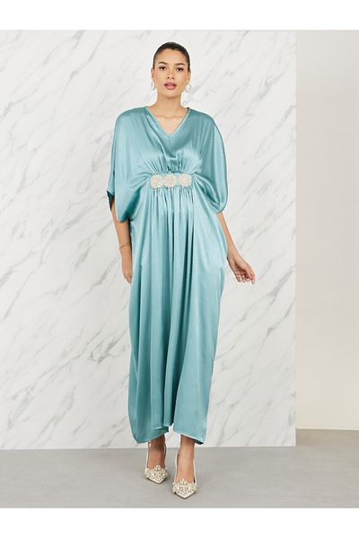 Styli Satin Embellished Waist Kaftan Maxi Dress