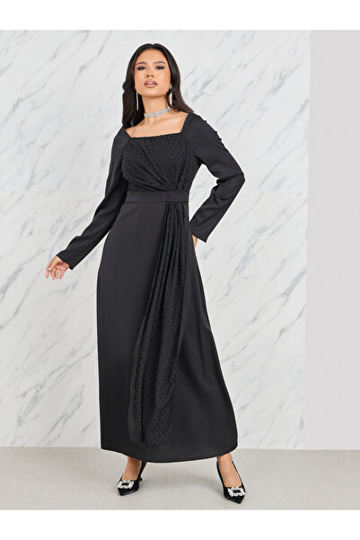 Styli Dobby Detail Square Neck A-Line Midi Dress