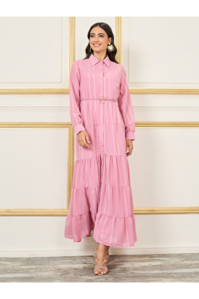 Styli Striped Tiered Shirt Maxi Dress with Buckle Self Tie Up