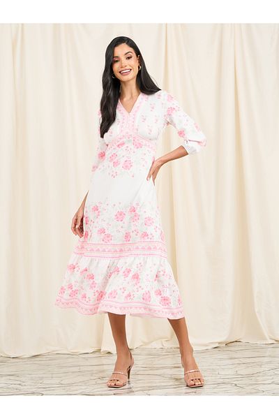 Styli Floral Print Ruffle Hem A-Line Midi Dress