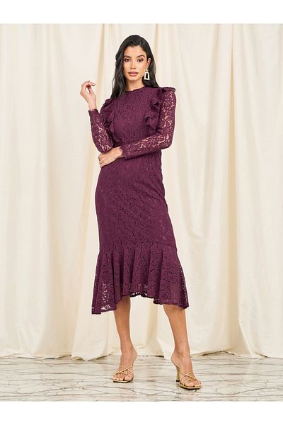 Styli All  Over Lace Ruffle Hem Midi Dress