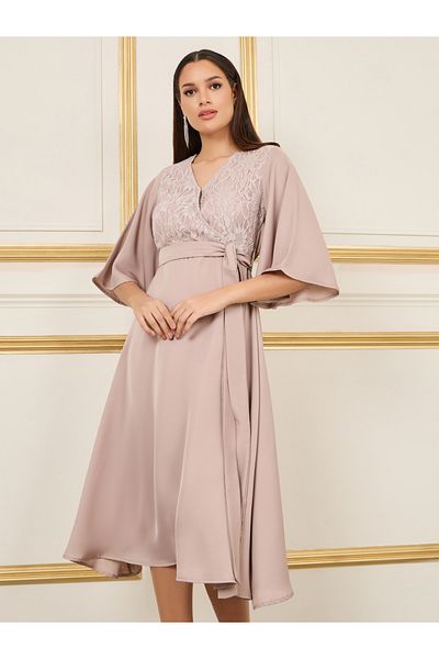 Styli Lace Detail Flared Sleeves Wrap Midi Dress