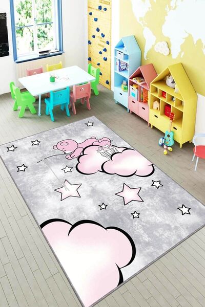 RugViva Kaymaz Tabanlı Halı Çocuk KD23 Pembe Ayıcık
