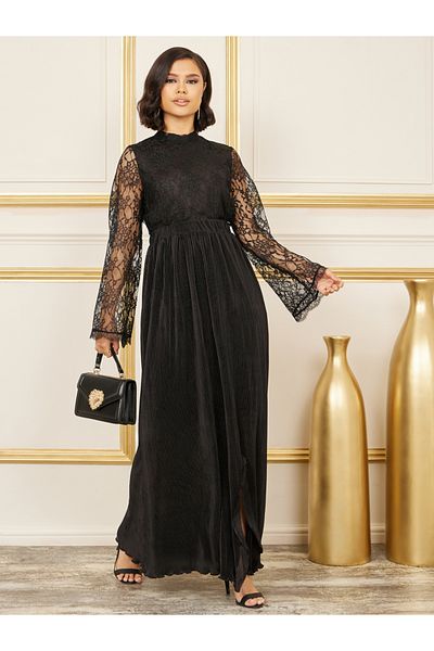 Styli Lace Detail High Neck Plisse Maxi Dress