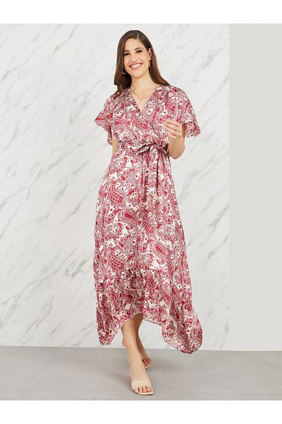 Styli Paisley Print Asymmetric Hem A-Line Midi Dress with Self Tie Up