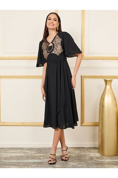 Styli Embroidered Keyhole Neck A-Line Midi Dress