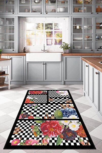 RugViva Makinede Yıkanabilir Siyah Mutfak Halısı Modern Pathcwork Mackenzie A...