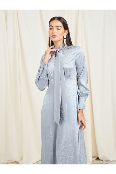 Styli Satin Jacquard Print Tie Up Neck A-Line Maxi Dress