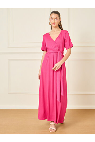 Styli Textured V Neck A-Line Maxi Dress with Waist Tie Up