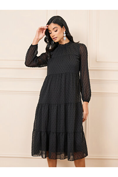 Styli فستان دوبي متوسط ​​الطول ذو طبقات وياقة عالية