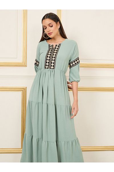 Styli Embroidered 3/4 Sleeves Tiered Maxi Dress