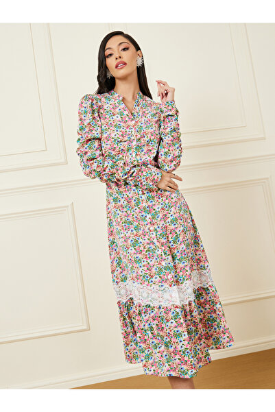 Styli Lace Insert Floral Print A-Line Midi Dress