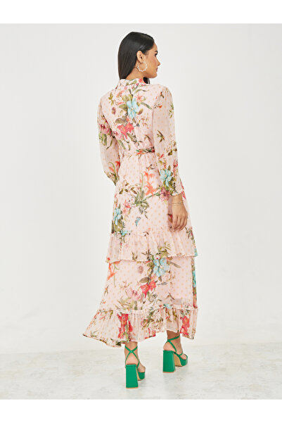 Styli Floral Print Button Loop Closure Tiered Maxi Dress with Self Tie Up